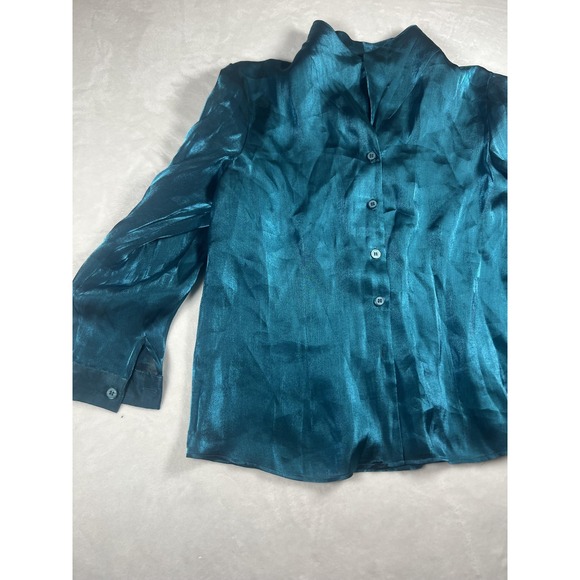 Joan Leslie Woman Blouse Womens 16W Blue Shiny Button Front Collared Evening Top - Picture 2 of 14